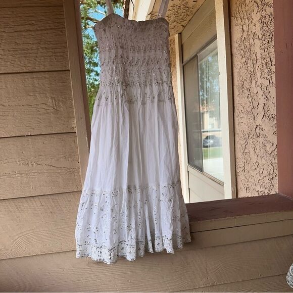 Sakkas Sequin Embroidered Smocked Bodice Knee Length Dress - White - One Size - Picture 6 of 12